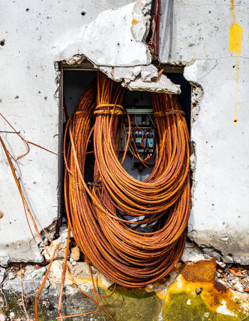 A tangled bundle of copper communication wires spills from a broken concrete wall, revealing the hidden and vulnerable nervous system of a building. This image captures urban decay, representing themes of obsolete technology, system failure, and complex infrastructure.の素材
