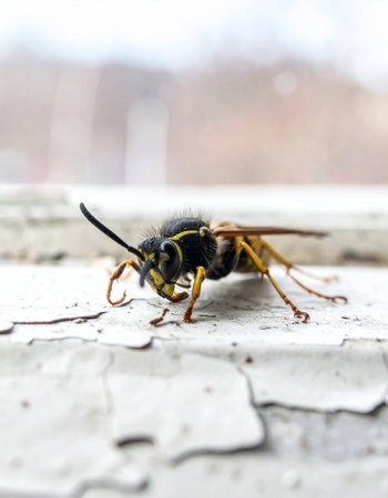 A detailed macro photograph captures a wasp pausing on a weathered, white painted ledge. The peeling paint flakes around its delicate legs, creating a striking contrast between the vibrant, living insect and the decaying man-made surface. The shallow depth of field isolates the subject, highlighting its intricate patterns and antennae against a soft, bright background.の素材