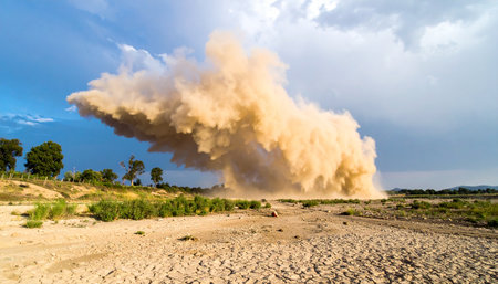 A colossal wall of dust and sand churns across a parched, cracked landscape under a turbulent sky. This powerful display of natures force illustrates themes of climate change, extreme weather, and the raw, untamed power of the environment in a desolate wilderness.の素材