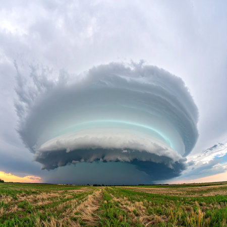 A colossal supercell thunderstorm, often called a mothership, majestically rotates over a vast, open field. This awe-inspiring display of natures power showcases the dramatic and beautiful structure of a severe weather system, creating a sense of both wonder and imminent danger.の素材