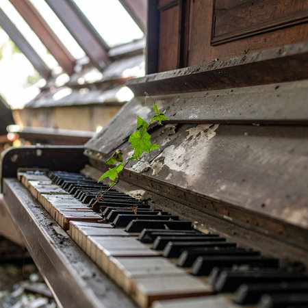 In a forgotten room where sunlight streams through a dusty skylight, an old piano sits in silent decay. Its music has long faded, but a new song emerges as a resilient green sprout pushes through the weathered wood, a poignant symbol of natures enduring power to reclaim and create beauty from ruin.の素材
