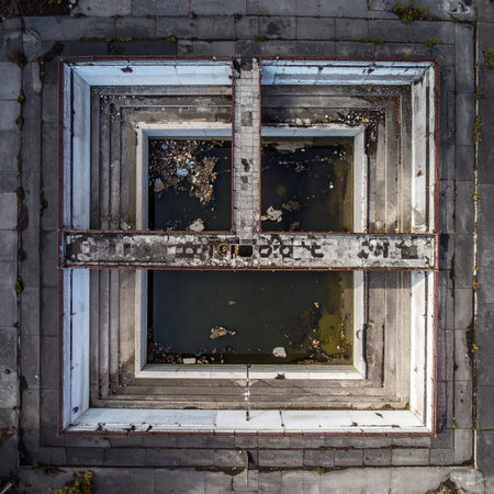 An overhead drone perspective captures the stunning symmetrical patterns of an ancient stepwell. The weathered stone steps descend into the dark, mysterious water below, telling a story of historical engineering and forgotten times.の素材