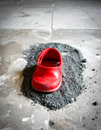 A single, bright red childs shoe rests on a pile of dark gravel, a stark contrast against the cold, gray concrete floor. This poignant scene evokes feelings of lost childhood, forgotten memories, and the stories left behind in abandoned places. A powerful symbol of absence and resilience.の素材