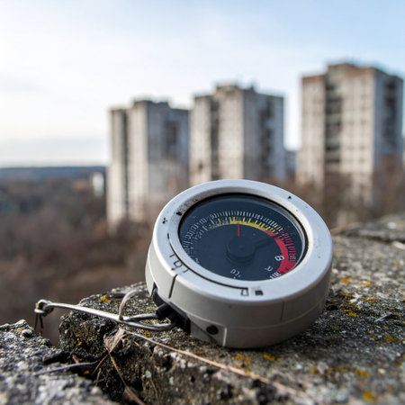 A radiation dosimeter rests on a weathered ledge, its needle indicating the unseen danger present in the air. In the background, the silent, decaying apartment blocks of a ghost city stand as a stark reminder of a past catastrophe, a scene of urban exploration in a forgotten world.の素材