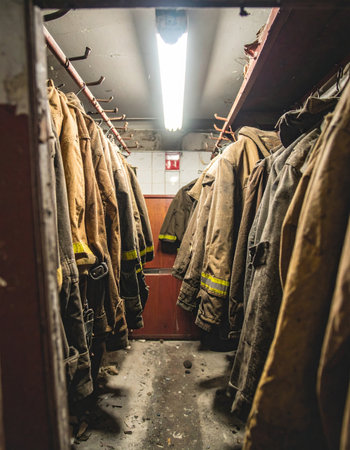 Rows of worn firefighter turnout gear hang in silent readiness within a fire station locker room. Each coat represents a story of courage and a constant state of preparation for the next emergency call, symbolizing dedication and service.の素材