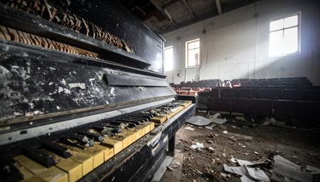 In a hall long silenced by time and neglect, a broken piano stands as a testament to forgotten melodies. Dust settles on its yellowed keys, and debris litters the floor where an audience once sat. Sunlight streams through grimy windows, illuminating the scene of beautiful decay and the haunting quiet of a lost era.の素材