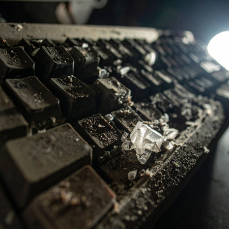 In the dim light of a forgotten room, a keyboard lies dormant, a relic of a bygone digital era. Caked in years of dust, grime, and decay, each key tells a silent story of abandonment and the relentless march of time, a symbol of obsolete technology left to rot.の素材