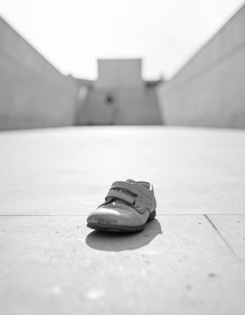 A single childs shoe sits abandoned on the cold concrete of an empty plaza. This poignant black and white image evokes a sense of loss, forgotten memories, and the quiet stories left behind in urban spaces. A powerful metaphor for childhood, solitude, and things misplaced.の素材