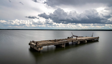 A long exposure photograph captures the serene yet melancholic scene of a dilapidated wooden pier stretching into a calm lake. The water is smoothed into a misty surface, reflecting the dramatic, moody clouds above. This image evokes a sense of solitude, the passage of time, and the quiet beauty of decay and forgotten places.の素材
