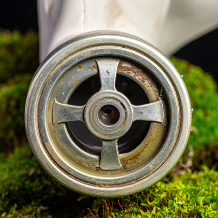 A close-up of a weathered, vintage industrial wheel rests on a vibrant bed of green moss. This powerful image contrasts the cold, hard lines of machinery with the soft, organic texture of nature, evoking themes of decay, reclamation, and the passage of time.の素材