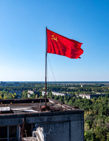 A red Soviet flag, a relic of a bygone era, waves from a rooftop overlooking the abandoned city of Pripyat. This poignant scene captures the silent, lingering legacy of the USSR and the Chernobyl disaster, a somber reminder of historys powerful impact on the landscape.の素材