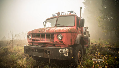 Once a symbol of rescue and bravery, this old, weathered fire truck now rests silently in a misty, overgrown forest. Its faded red paint and rusty grille tell tales of past emergencies, now reclaimed by nature in the quiet, eerie fog.の素材