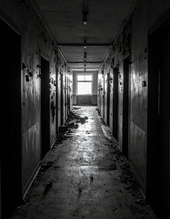 A long, dark corridor stretches into the distance, its walls scarred by time and neglect. Debris litters the floor, and a single window at the far end offers a faint glimmer of hope or escape. This black and white scene evokes a sense of mystery, suspense, and the haunting beauty of decay.の素材