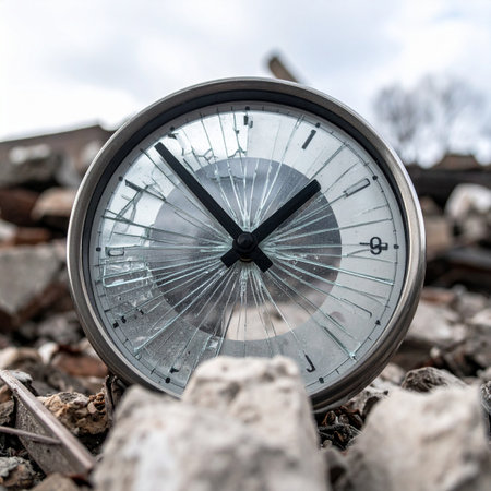 In the quiet aftermath of a catastrophe, a single clock with a shattered face rests among the rubble. Its hands are frozen, a poignant symbol of time stopped, memories lost, and the fragility of existence in the face of destruction. A powerful metaphor for loss, disaster, and the end of an era.の素材