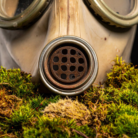 In a world long after humanity, nature begins its slow reclamation. A forgotten gas mask, a relic of a toxic past, now serves as a bed for vibrant green moss, symbolizing resilience and the enduring power of life over decay.の素材