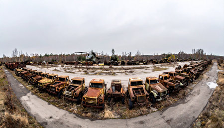 A wide panoramic view captures the silent, rusting remains of vehicles used in the Chernobyl disaster cleanup. This radioactive junkyard in the exclusion zone stands as a somber monument to the catastrophe, a haunting landscape frozen in time.の素材
