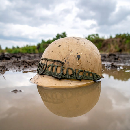 A lone soldiers helmet rests in a muddy puddle, a poignant symbol of the sacrifices made and the stories left behind on the battlefield. This powerful image speaks to the enduring legacy of conflict, remembrance, and the quiet aftermath of war.の素材