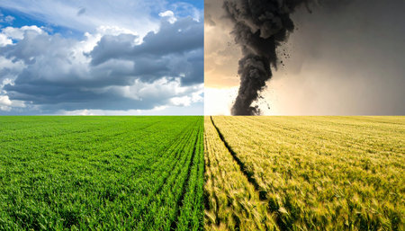 A powerful visual juxtaposition showing a split landscape. One side depicts a lush, green field under a peaceful sky, symbolizing growth. The other reveals the same field, dry and yellow, being ravaged by a destructive tornado, representing the impact of extreme weather. This conceptual image illustrates the stark contrast between peace and chaos, highlighting themes of risk and environmental crisis.の素材