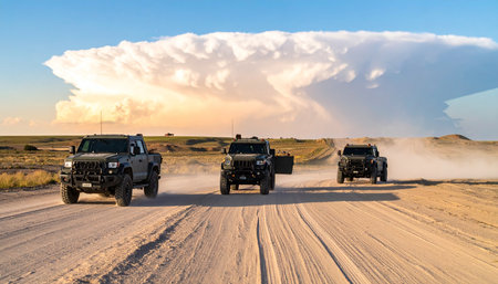 A convoy of rugged, all-terrain trucks kicks up dust as they traverse a remote desert road. They head towards a massive, powerful storm cloud on the horizon, embarking on an epic journey of adventure, exploration, and facing the raw power of nature.の素材