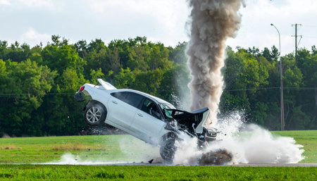 A catastrophic high-speed collision unfolds as a white sedan is launched into the air, its front end erupting in a thick plume of smoke and debris. This dramatic moment captures the raw power and danger of a major traffic accident, symbolizing concepts of risk, failure, and sudden disaster.の素材