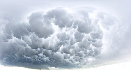 A vast and turbulent panorama of mammatus clouds boils across the sky, a dramatic and awe-inspiring display of natures raw power. The ominous, textured formations signal an impending storm, creating a scene of both beauty and foreboding.の素材