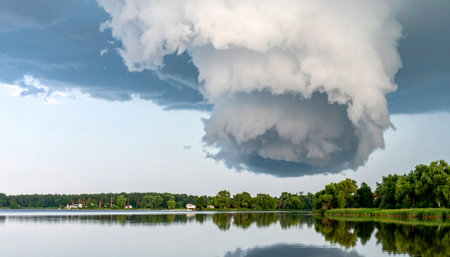 A massive supercell thunderstorm gathers its immense power in the sky, its dramatic form reflected in the unusually calm waters of the lake below. This breathtaking scene captures the serene beauty and ominous threat of natures power, a moment of quiet before the storm.の素材