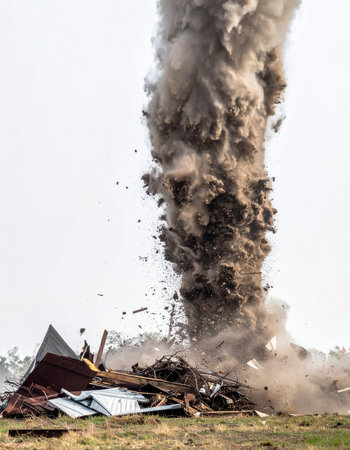A powerful, controlled explosion demolishes an old structure in a dramatic display of force. A massive vertical plume of dust, smoke, and debris erupts into the sky, marking a sudden and final end to the building and clearing the way for new development.の素材