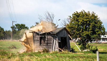 A powerful blast rips through an old, weathered wooden barn, sending a cloud of dust and splintered debris into the air. This dramatic, high-speed moment captures the raw energy of destruction and sudden, irreversible change in a quiet rural landscape.の素材