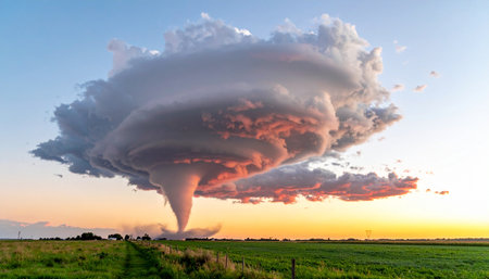 A massive supercell thunderstorm dominates the horizon, its powerful updraft spawning a dramatic tornado that touches down on the rural plains. The scene is bathed in the warm, ominous light of sunset, highlighting the terrifying beauty and immense power of natures fury.の素材