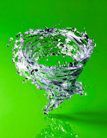 A powerful vortex of pure, clear water is captured mid-spin, creating a dynamic splash against a vibrant green background. This image visualizes concepts of clean energy, environmental force, and the raw power of nature in its most fluid form.の素材