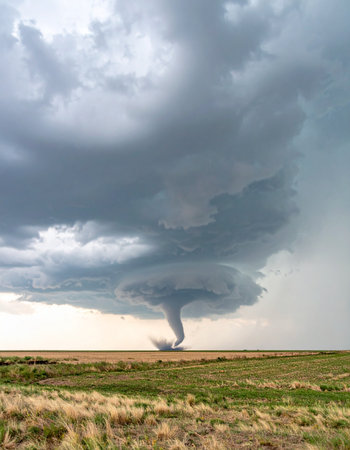 A massive supercell thunderstorm unleashes its raw power, spawning a violent tornado that churns across the open plains. This dramatic display of natures force captures a moment of both terrifying destruction and breathtaking awe, a testament to the planets untamed energy.の素材
