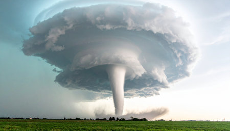 An immense supercell thunderstorm dominates the sky, its powerful funnel cloud descending to touch the earth. This awe-inspiring and terrifying display of natures raw power unfolds over a vast, open landscape, capturing a moment of extreme weather and dramatic natural force.の素材