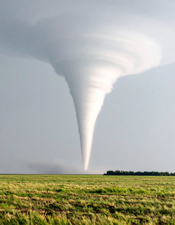 A massive and perfectly formed tornado descends from a dark, stormy sky, its powerful funnel touching down in a vast green field. This awe-inspiring yet terrifying image captures the raw, destructive power of nature and the drama of extreme weather events in a rural landscape.の素材