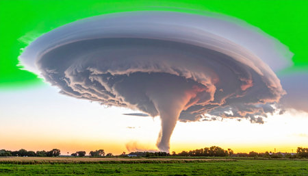 A colossal supercell thunderstorm dominates the horizon at sunset, its powerful rotation spawning a dramatic tornado. The scene captures the raw, awe-inspiring power and terrifying beauty of extreme weather over a tranquil rural landscape.の素材
