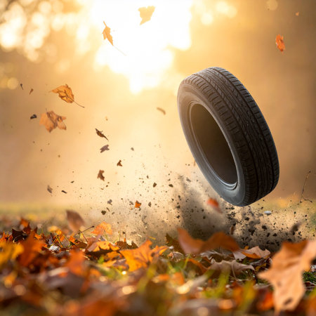 A single tire barrels through a forest floor covered in crisp autumn leaves, kicking up dirt and foliage in its path. The scene is captured in the warm, golden light of a setting sun, evoking a sense of dynamic energy, forward momentum, and the beautiful transition of the seasons.の素材