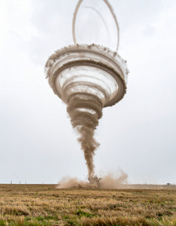 A colossal futuristic machine, part drill and part cyclone, touches down in a desolate field. It spins with immense power, kicking up dust as it begins its mysterious work of terraforming a new world, a vision of advanced technology reshaping a planet.の素材