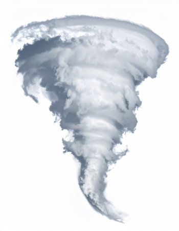 A powerful and destructive tornado vortex spins violently, its funnel cloud churning with immense energy. Isolated on a clean white background, this dramatic illustration captures the raw force of nature, symbolizing concepts of chaos, change, and unstoppable power.の素材