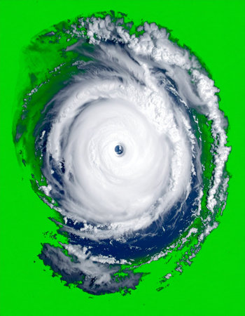 A dramatic satellite view captures the immense power and organized chaos of a massive hurricane swirling over the planet. The distinct eye of the storm provides a moment of calm in the center of natures fury. Isolated on a green screen background, this image is perfect for news reports, educational content, and special effects related to weather, climate change, and natural disasters.の素材