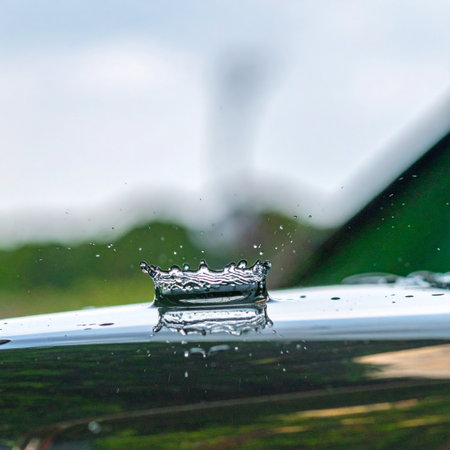 A single drop of water makes impact with a reflective surface, captured in a moment of high-speed photography. The resulting splash forms a perfect, ephemeral liquid crown, symbolizing purity, precision, and the beautiful, fleeting moments found in nature.の素材