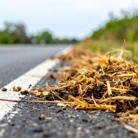 A close-up, low-angle view captures the rustic detail of straw and soil scattered along the white line of a country road. This image evokes a sense of rural life, the aftermath of a harvest transport, and the quiet, often overlooked textures of the countryside.の素材