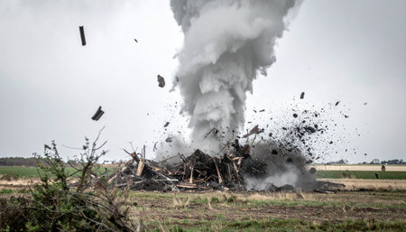 A controlled demolition erupts in a massive explosion, sending a plume of smoke and debris high into the air. The structure is instantly obliterated in a powerful display of force and destruction, capturing a moment of intense, chaotic energy against a stark, open landscape.の素材