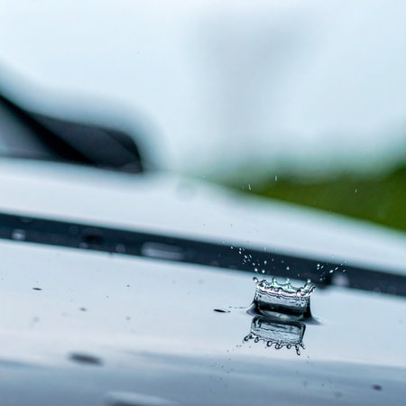 A single raindrop makes a dramatic impact on the smooth, polished surface of a car, creating a perfect crown-shaped splash frozen in time. The image captures a fleeting moment of natural energy and purity against a clean, modern backdrop, evoking a sense of calm and freshness on a rainy day.の素材