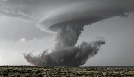 A colossal supercell thunderstorm dominates the horizon, its powerful vortex churning up dust and debris from the flat plains below. This dramatic black and white image captures the raw, untamed power of nature in one of its most destructive forms, a moment of both terrifying beauty and immense danger.の素材