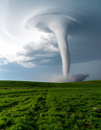 A powerful and majestic tornado touches down in a vast green field, its massive funnel cloud connecting the turbulent, stormy sky with the earth. This awe-inspiring display of natures raw power is both beautiful and terrifying, a symbol of unstoppable force and dramatic weather phenomena.の素材