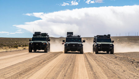A convoy of three rugged 4x4 vehicles kicks up a trail of dust as they navigate a remote desert road. This image captures the spirit of adventure, teamwork, and the thrill of exploring untamed landscapes on an epic overland expedition.の素材