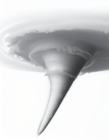 A powerful tornado vortex forms, its funnel cloud twisting with immense energy. Isolated on a stark white background, this monochrome depiction captures the raw, destructive force of a severe weather storm, symbolizing concepts of chaos, danger, and the untamable power of nature.の素材