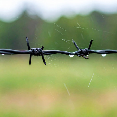 A close-up shot captures the stark reality of a barbed wire fence on a gloomy, rainy day. Glistening raindrops cling to the sharp metal barbs, contrasting the danger of the wire with the gentle persistence of nature. The soft, out-of-focus green background suggests a rural landscape, adding to the feeling of isolation and confinement.の素材