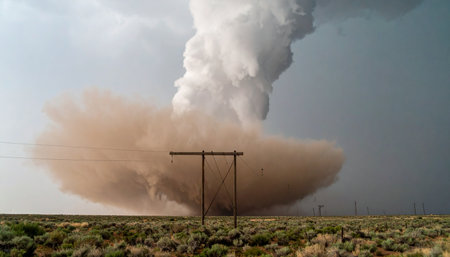 A colossal plume of dust and smoke erupts into the sky, dwarfing the vast, empty desert landscape below. The powerful force of the detonation is captured in this dramatic and awe-inspiring moment, suggesting themes of raw power, destruction, and environmental impact.の素材
