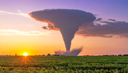 A massive supercell tornado touches down on a rural landscape, its powerful funnel silhouetted against the breathtaking beauty of a golden sunset. This image captures the terrifying and majestic duality of natures power, a moment of both immense danger and surreal beauty.の素材