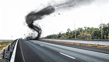 A dark, swirling vortex of smoke and debris descends from an overcast sky, touching down on a completely empty highway. The scene evokes a sense of impending doom and surreal disaster, perfect for concepts of climate change, environmental crisis, or apocalyptic events.の素材
